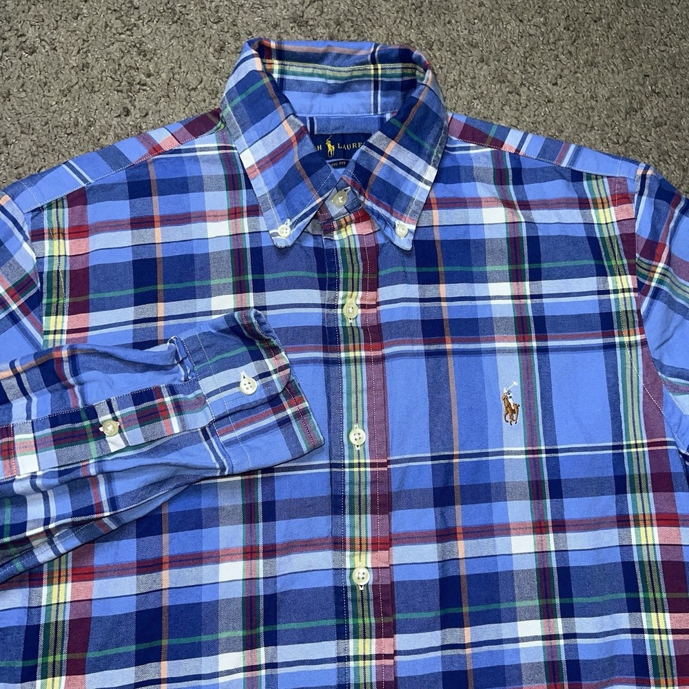 RALPH LAUREN Mens Small Oxford Plaid Button Up Shirt Red Blue Green LS Pony